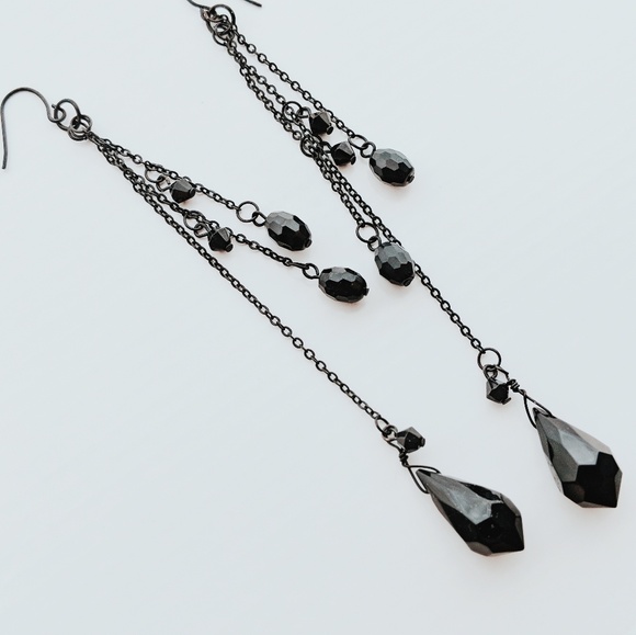 Black Glass Bead Triple-Chain Drop Earrings – Extra Long, Elegant, Formal - Picture 5 of 5
